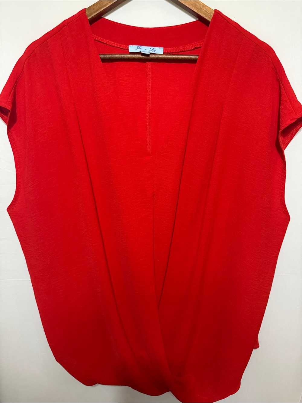 She + Sky Red Draped V-Neck Cap-Sleeve Blouse